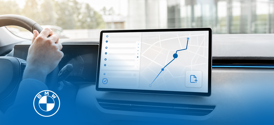  Modern vehicle cockpit with an infotainment display showing a digital logbook and route view with blue status and route highlights. – AI-generated image