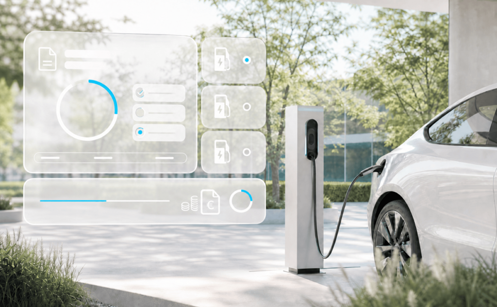 Electric car at a charging station with a transparent dashboard for billing public charging sessions. – AI-generated image