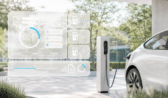 Electric car at a charging station with a transparent dashboard for billing public charging sessions. – AI-generated image