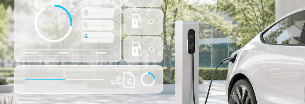 E-Auto an einer Ladesäule mit transparentem Dashboard für die Abrechnung von Public-Charging-Ladevorgängen. – KI-generiertes Bild