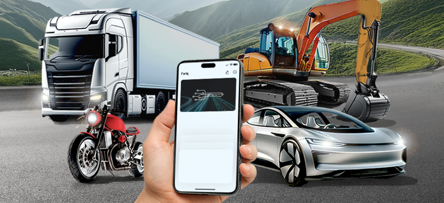 Darstellung des Digital Keys auf dem Handy mit Auto,Motorrad,Truck und Bagger im Hintergrund