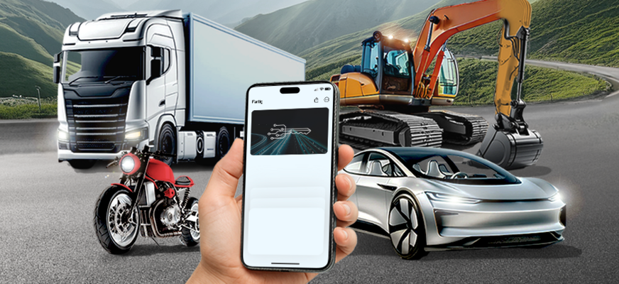 Darstellung des Digital Keys auf dem Handy mit Auto,Motorrad,Truck und Bagger im Hintergrund