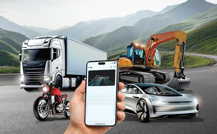 doubleSlash Digital Key Keyvisual Darstellung des Digital Keys auf dem Handy mit Auto,Motorrad,Truck und Bagger im Hintergrund