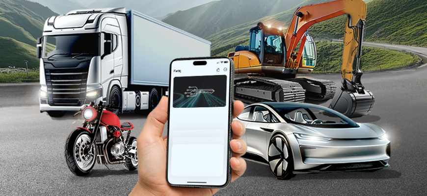 Darstellung des Digital Keys auf dem Handy mit Auto,Motorrad,Truck und Bagger im Hintergrund