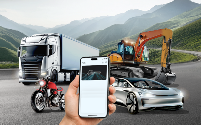 Visualization of the digital key on a phone with car, motorcycle, truck and excavator in the background 