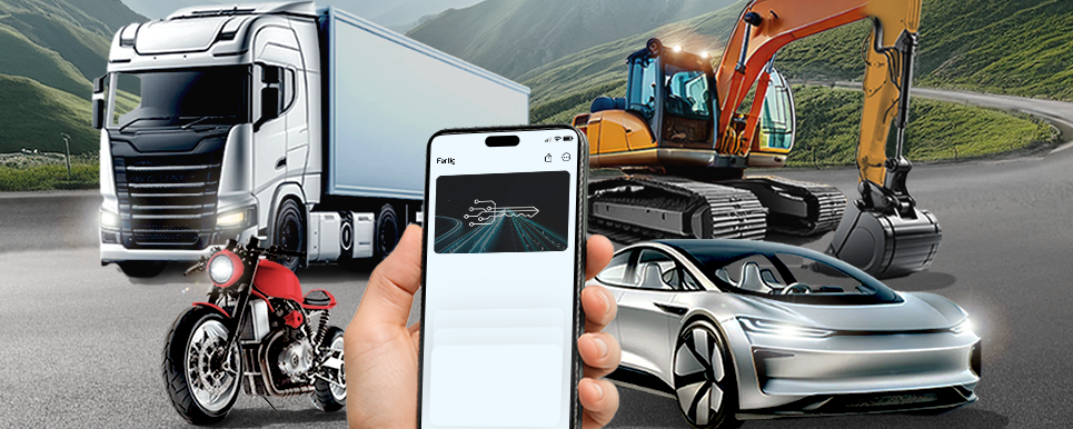 Abbild Smartphone zur Steuerung vernetzter Fahrzeuge wie Lkw, Auto, Motorrad und Baumaschine in einer IoT-Umgebung.
