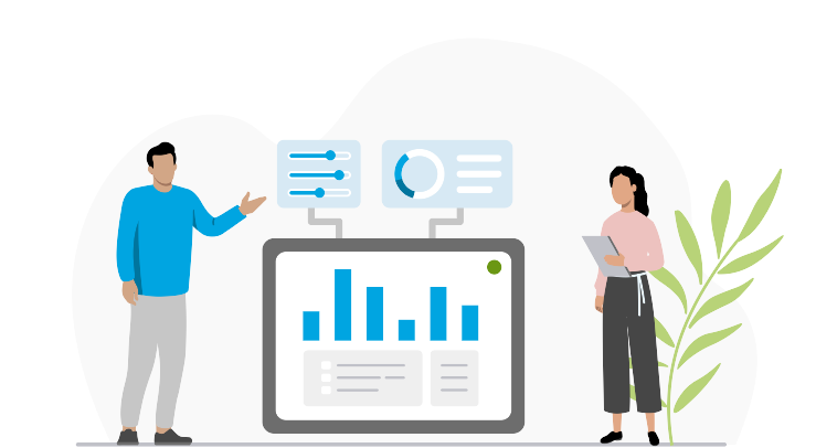 Two people manage a dashboard with connected data modules; one holds a tablet.
