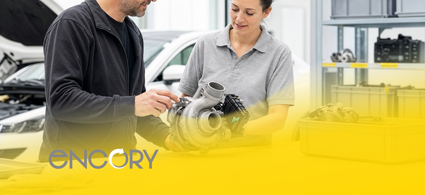 Zwei Personen prüfen ein Bauteil für eine Encory-Plattformlösung im Automotive-Bereich. – KI-generiertes Bild
