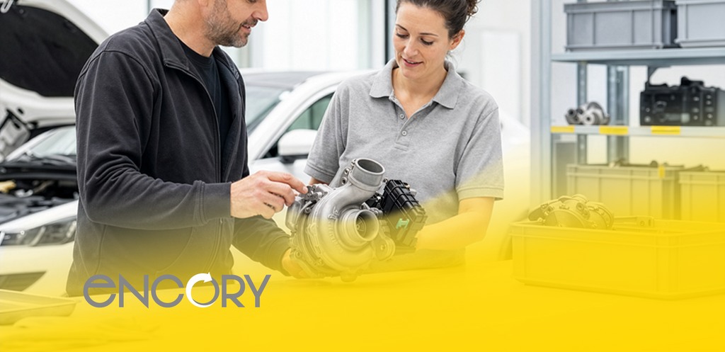 Zwei Personen prüfen ein Bauteil für eine Encory-Plattformlösung im Automotive-Bereich.