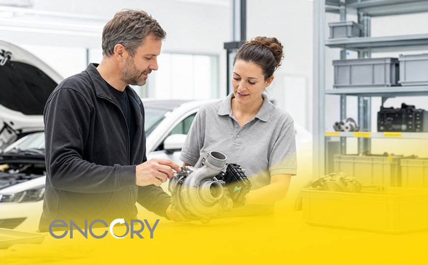 Two people inspect a component for an Encory platform solution in the automotive sector.