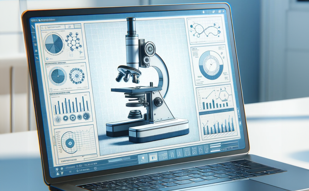 Laptop auf einem Schreibtisch mit einer digitalen Analyseoberfläche, die ein Mikroskop sowie verschiedene Diagramme und Datenvisualisierungen zeigt.