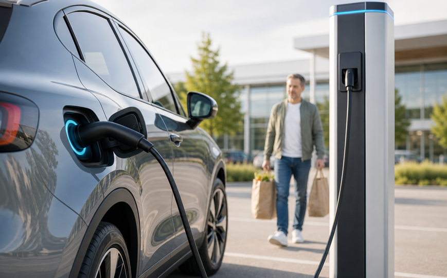 Elektroauto lädt an einer Ladesäule, während eine Person vom Einkaufen zurückkommt. – KI-generiertes Bild
