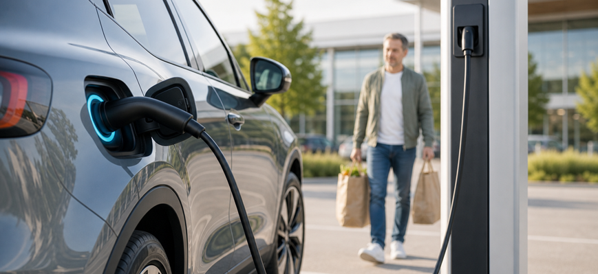 Elektroauto lädt an einer Ladesäule, während eine Person vom Einkaufen zurückkommt. – KI-generiertes Bild