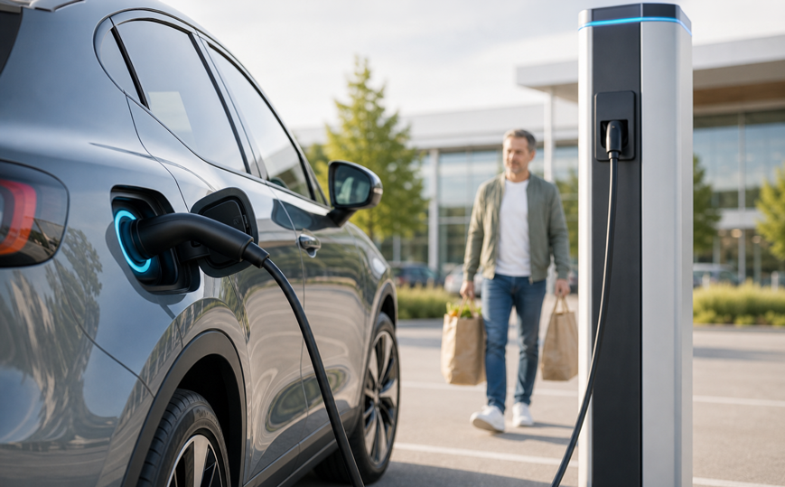 An electric car charges at a station while a person returns from shopping. – AI-generated image