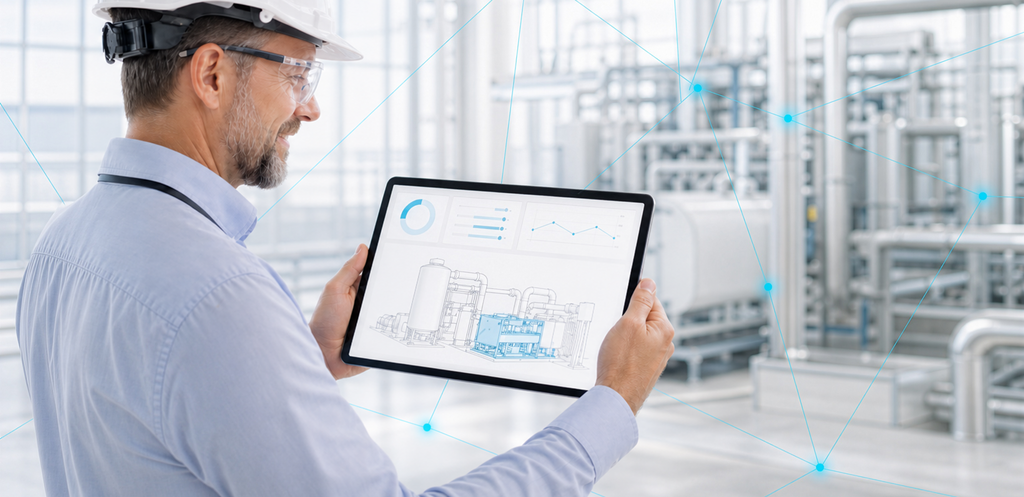 Fachkraft überwacht vernetzte Industrieanlagen per Tablet. – KI-generiertes Bild
