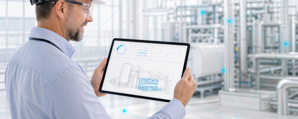 Fachkraft überwacht vernetzte Industrieanlagen per Tablet. – KI-generiertes Bild