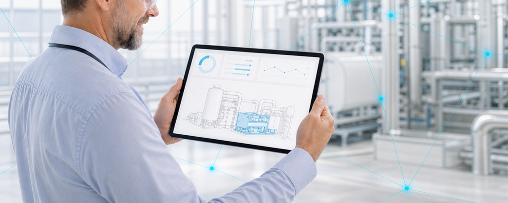 A specialist monitors connected industrial systems on a tablet. – AI-generated image