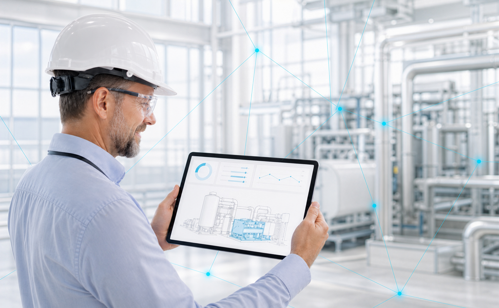 A specialist monitors connected industrial systems on a tablet. – AI-generated image