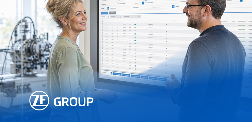 Two people discuss a digital test bench management system in a bright lab environment. – AI-generated image