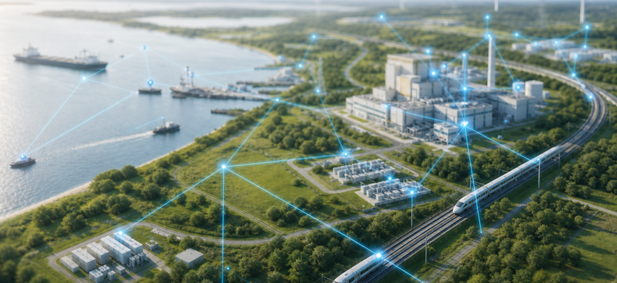 Vernetzte Energie- und Antriebssysteme in einer grünen Infrastruktur. – KI-generiertes Bild