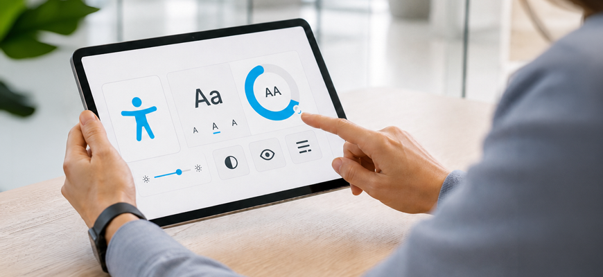 Tablet mit Symbolen für Barrierefreiheit – KI-generiertes Bild