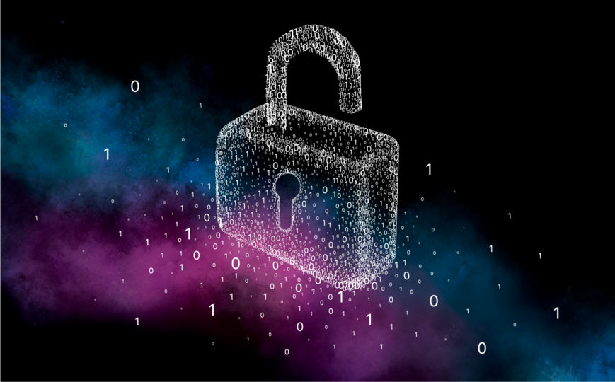 Open lock floating in the universe, consisting of 0s and 1s flying around 