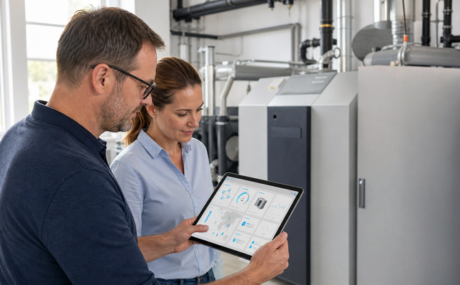 Two people use a digital solution to monitor a combined heat and power unit. – AI-generated image