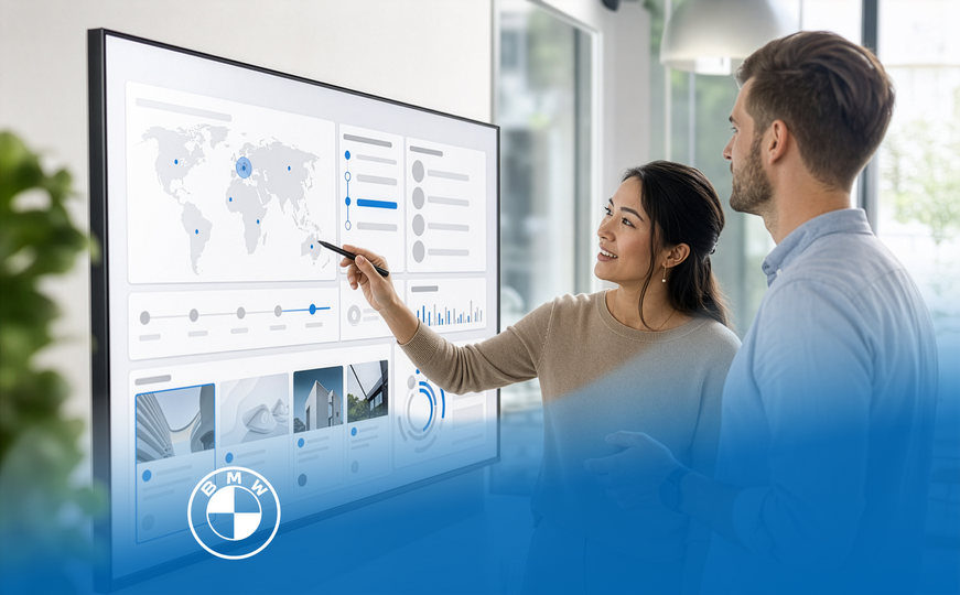 Two people analyzing a digital BMW sales and marketing dashboard.