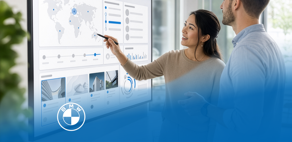 Zwei Personen analysieren ein digitales BMW Sales- und Marketing-Dashboard.