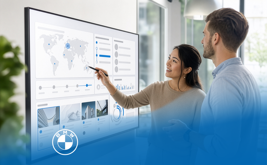 Zwei Personen analysieren ein digitales BMW Sales- und Marketing-Dashboard. – KI-generiertes Bild