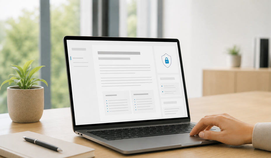 Laptop auf einem Schreibtisch mit einer geöffneten Benutzeroberfläche für ein Informationsschreiben. Eine Hand bedient das Touchpad, während der helle, moderne Arbeitsplatz im Hintergrund unscharf zu sehen ist.