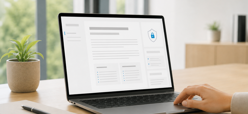 Laptop auf einem Schreibtisch mit einer geöffneten Benutzeroberfläche für ein Informationsschreiben. Eine Hand bedient das Touchpad, während der helle, moderne Arbeitsplatz im Hintergrund unscharf zu sehen ist. – KI-generiertes Bild
