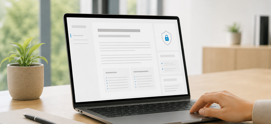 Laptop auf einem Schreibtisch mit einer geöffneten Benutzeroberfläche für ein Informationsschreiben. Eine Hand bedient das Touchpad, während der helle, moderne Arbeitsplatz im Hintergrund unscharf zu sehen ist. – KI-generiertes Bild