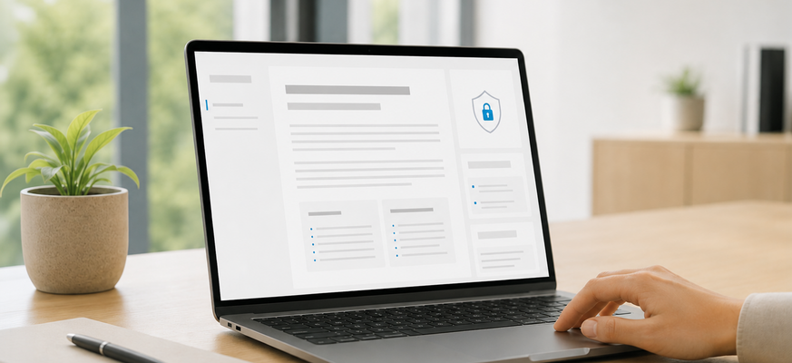Laptop auf einem Schreibtisch mit einer geöffneten Benutzeroberfläche für ein Informationsschreiben. Eine Hand bedient das Touchpad, während der helle, moderne Arbeitsplatz im Hintergrund unscharf zu sehen ist. – KI-generiertes Bild