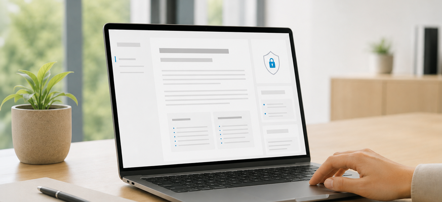 Laptop auf einem Schreibtisch mit einer geöffneten Benutzeroberfläche für ein Informationsschreiben. Eine Hand bedient das Touchpad, während der helle, moderne Arbeitsplatz im Hintergrund unscharf zu sehen ist. – KI-generiertes Bild