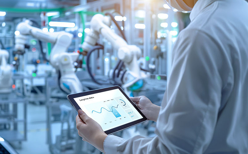 Tablet mit Datendashboard wird von einer Person in einer Fabrikhalle mit Roboterarmen gehalten