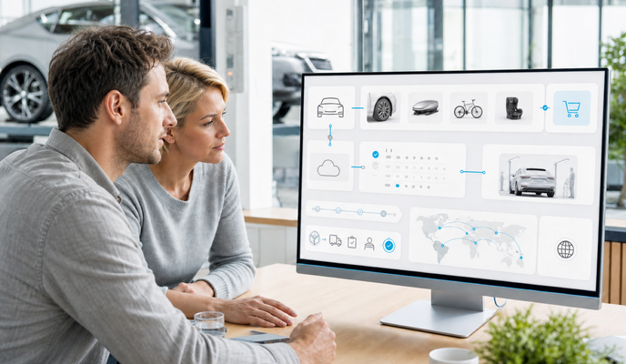 Two professionals view an automotive e-commerce platform with vehicle, product, checkout and service appointment symbols on a large monitor in a bright modern workspace. – AI-generated image