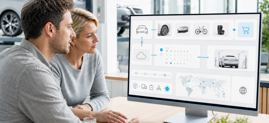 Zwei Fachpersonen betrachten in einem hellen modernen Arbeitsraum eine Automotive-E-Commerce-Plattform mit Fahrzeug-, Produkt-, Checkout- und Service-Termin-Symbolen auf einem großen Monitor. – KI-generiertes Bild