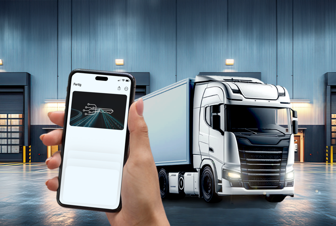 Smartphone with digital vehicle key, a truck in the background
