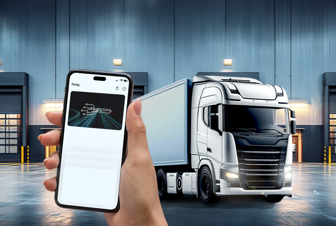 Smartphone mit digitalem Fahrzeugschlüssel, im Hintergrund ein Truck