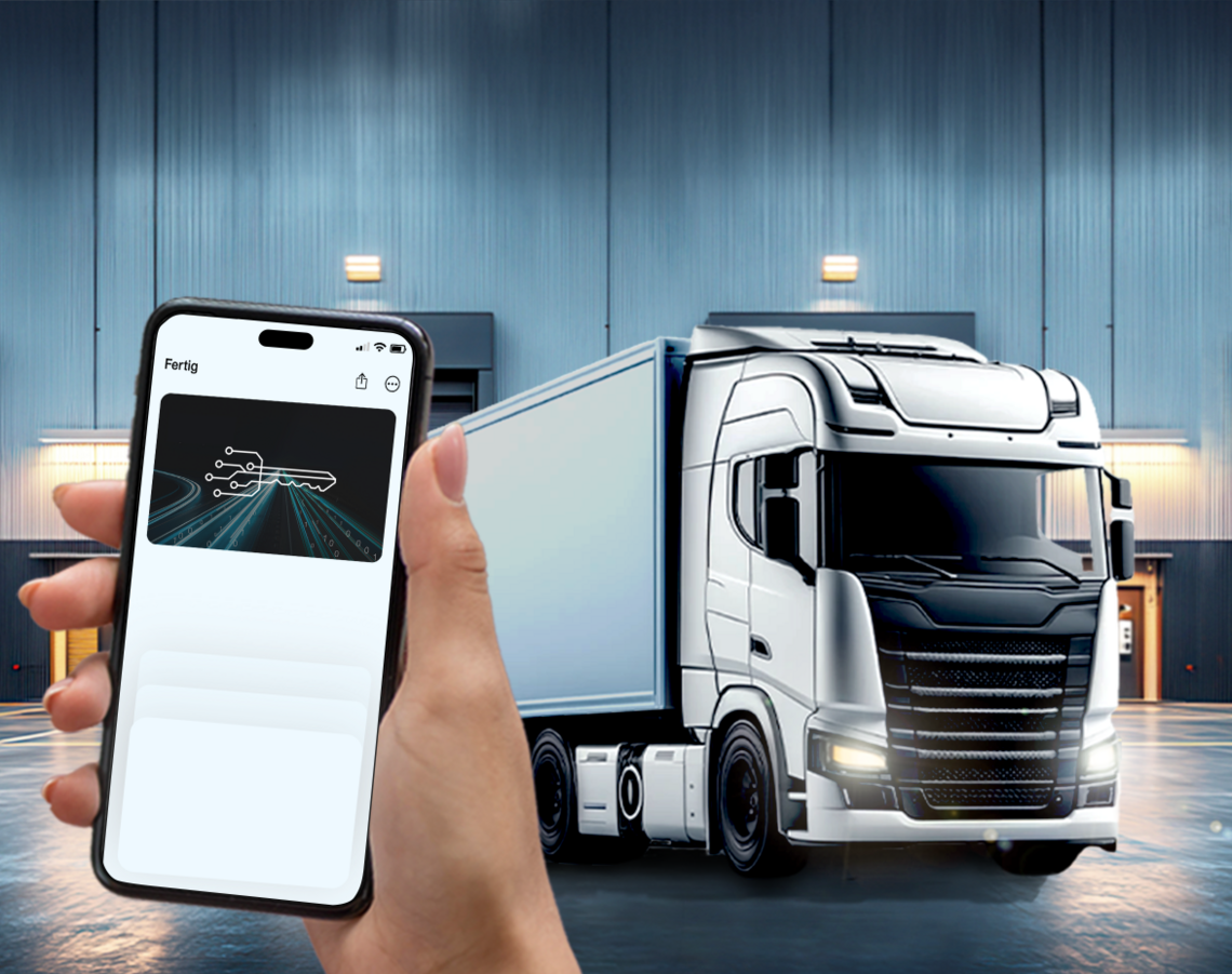 Smartphone mit digitalem Fahrzeugschlüssel, im Hintergrund ein Truck