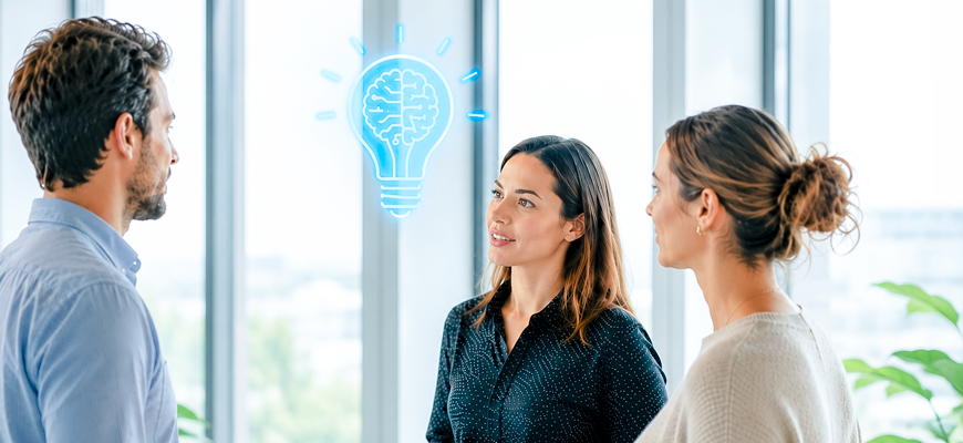 Drei Personen im Gespräch mit leuchtendem Wissens-Symbol in modernem Büro. – KI-generiertes Bild