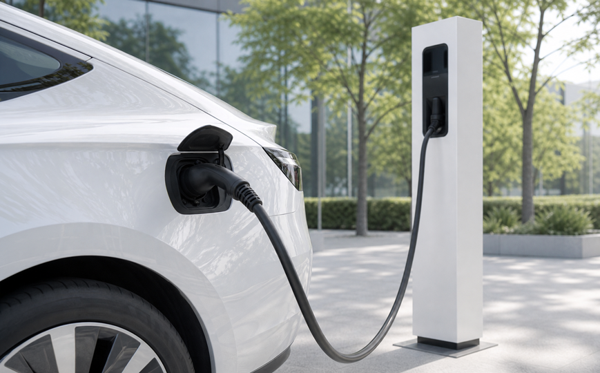 Elektroauto lädt an einer öffentlichen Ladesäule. – KI-generiertes Bild
