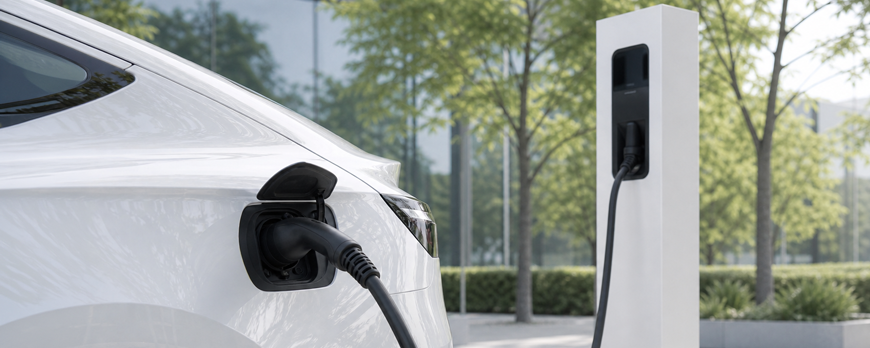 Elektroauto lädt an einer öffentlichen Ladesäule. – KI-generiertes Bild