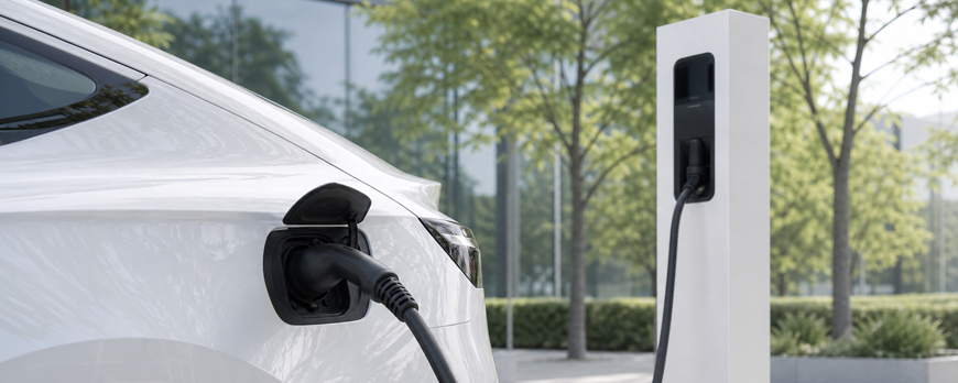 An electric car charges at a public charging station. – AI-generated image
