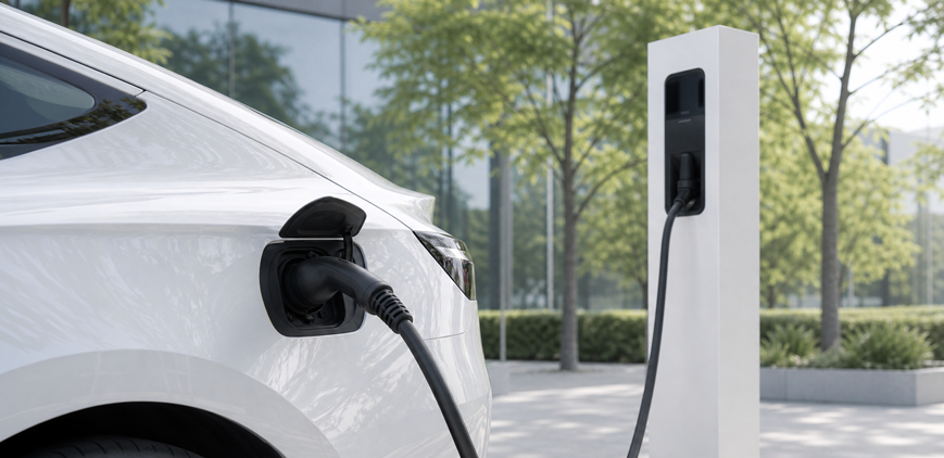 Elektroauto lädt an einer öffentlichen Ladesäule. – KI-generiertes Bild