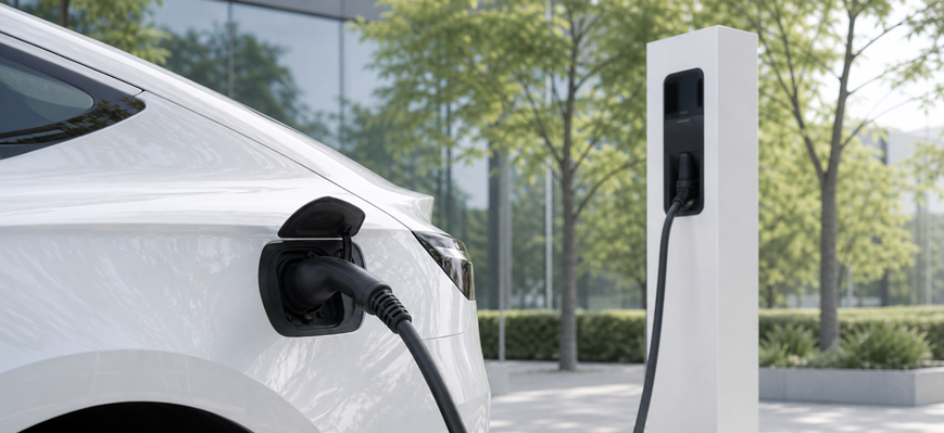 Elektroauto lädt an einer öffentlichen Ladesäule. – KI-generiertes Bild