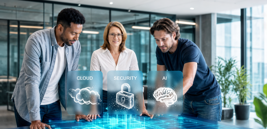 Team planning custom software solutions with cloud, security, and AI.