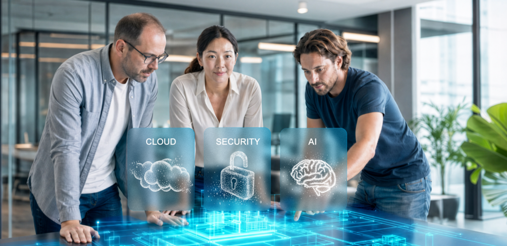 Team planning custom software solutions with cloud, security, and AI.