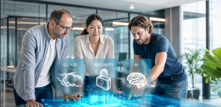 Team planning custom software solutions with cloud, security, and AI.